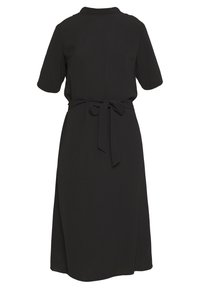 Černé šaty z lehkého materiálu, krátké rukávy, límeček, úzký pas s uvázaným páskem a délka ke kolenům. Jednoduchý, jednobarevný design.