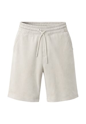 Pantaloncini beige chiaro con vita elastica, coulisse e tasche laterali, realizzati in tessuto morbido, stile casual.