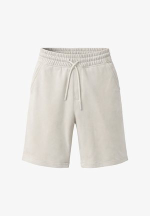 Pantaloncini beige chiaro con vita elastica, coulisse e tasche laterali, realizzati in tessuto morbido, stile casual.