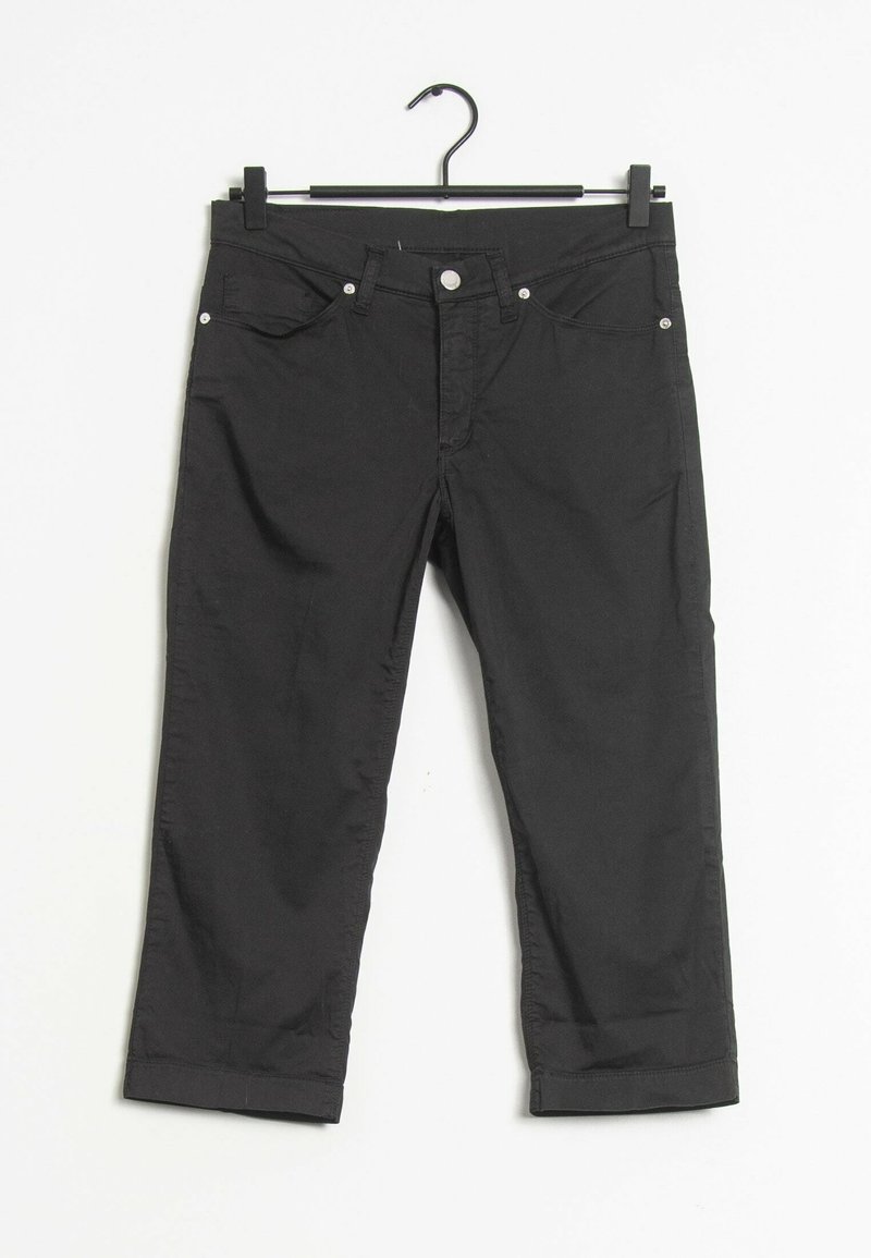 Zwarte cropped broek van een katoenmix, met vijf zakken, contrasterende zilverkleurige hardware en omgeslagen manchetten aan de onderkant.