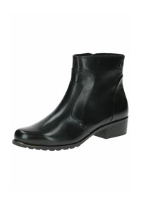 Bota de tobillo de cuero negro con una textura suave, puntera redondeada, detalles laterales y un tacón bajo apilado. Presenta un logo discreto en el lateral.