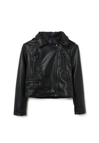 Schwarze, kurz geschnittene Jacke aus Kunstleder mit Kragen, diagonalem Reißverschluss und vier Reißverschluss-Taschen. Mit Schulterklappen.