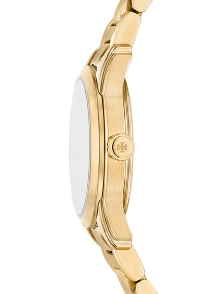 Reloj dorado con una caja redonda y lisa y una pulsera texturizada. Presenta un logo en la corona y una esfera blanca minimalista.