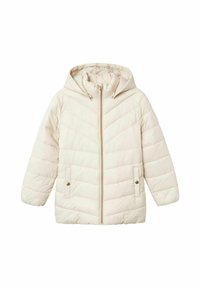 Chaqueta acolchada en color crema con capucha, cremallera frontal y dos bolsillos con botón a presión, acolchada en un patrón de chevron.