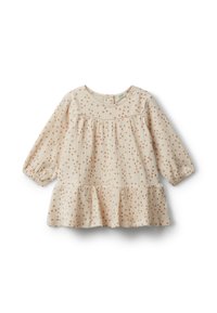 Svetle béžové šaty s texturovanou tkaninou, zdobené malými rezavými tečkami. Mají dlouhé rukávy a volánkový lem na spodní části.