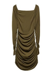 Olivno zeleni dolg rokav obleka s kvadratnim izrezom, ki ima nabran detajl vzdolž hrbta in rokavov za teksturo.