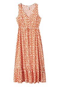 Robe sans manches en tissu léger, présentant un motif géométrique orange sur fond crème, avec une taille ajustée et un ourlet volanté.