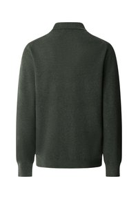 Tamnozeleni dugi rukav polo džemper, teksturirana tkanina, dizajn s ovratnikom, rebrasti manžeti i donji rub, jednostavan i uredan stražnji pogled.