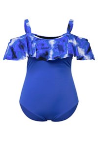 Modré jednodílné plavky s designem bez ramínek a volánkovým vrškem. Horní část látky má abstraktní modro-černý vzor. Celkově hladká textury.