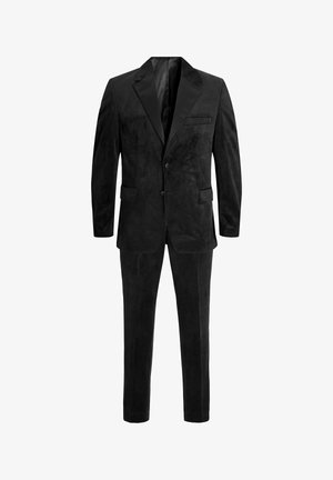 Completo in velluto nero con un design classico su misura, giacca monopetto con risvolto a scialle e pantaloni a gamba dritta.