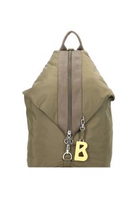Sac à dos en nylon vert olive de forme triangulaire, avec une fermeture éclair texturée et un porte-clés en caoutchouc jaune en forme de lettre "B".