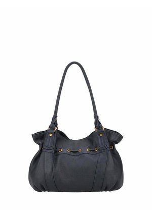 Sac à main en cuir noir avec poignées doubles, œillets dorés et un design froncé le long du bord supérieur.