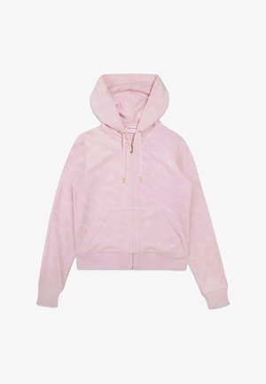 Pink zip-up hoodie with a patterned texture, featuring a drawstring hood, front pockets, and gold hardware accents.