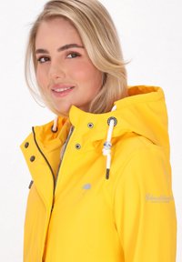 Rumena vodoodporna jakna s kapuco, srebrnim zadrgo, črnimi gumbki na poklopcu in vrvicami. Ima majhen logotip na prsih. Gladka tekstura.