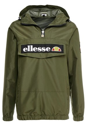 Olive green windbreaker with a zippered collar, front pocket, and black embroidered "ellesse" logo. Elastic cuffs and hem for adjustability.