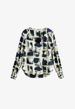 Bluzka z długim rękawem z dekoltem w serek, abstrakcyjnym wzorem w granatowo-kremową kratkę oraz zaokrąglonym dołem. Wykonana z lekkiego materiału.