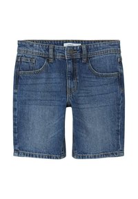 Shorts en denim bleu avec cinq poches, une fermeture à bouton et des coutures jaunes. La texture est lisse avec une apparence légèrement usée.