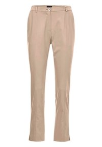 Pantalons beige ajustés avec une texture lisse, design à jambe droite, fermeture à bouton sur le devant et coutures discrètes le long des seams.