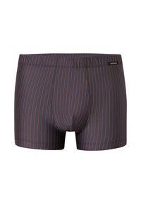 Dark gray boxer shorts with narrow vertical orange stripes, elastic waistband, and a contoured front pouch for support.