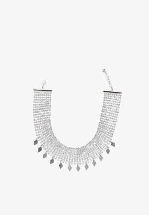 Silberne Halskette, bestehend aus mehreren Strängen aus Perlen und flachen, diamantenförmigen Akzenten, mit Verschluss und verstellbarer Kette für die Passform.