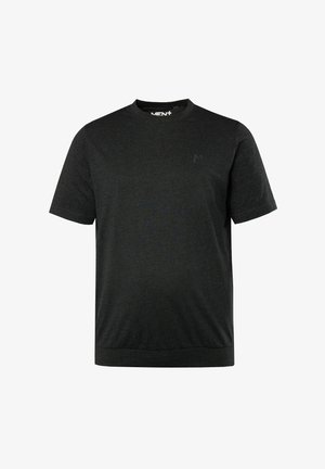 Tmavě šedé tričko s krátkým rukávem vyrobené z jemné tkaniny a s kulatým výstřihem. Má jemné logo na hrudi a rovný lem.