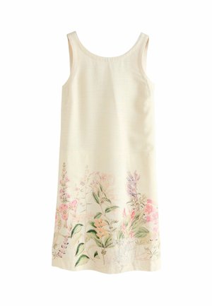 Ärmelloses Kleid in Creme mit floralem Druck am Saum in Rosa, Lila und Grün, das eine entspannte A-Linie und eine weiche Textur aufweist.