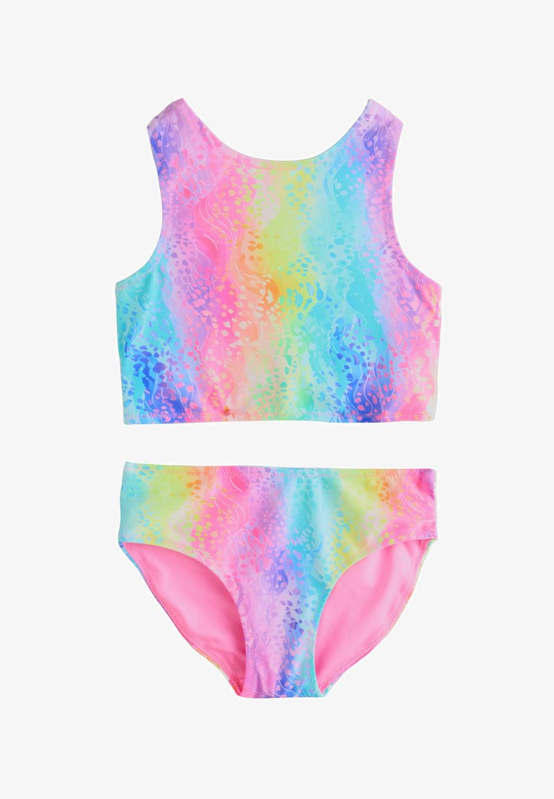 Costume da bagno a due pezzi con un motivo ondulato multicolore in tonalità pastello di rosa, blu e giallo. Realizzato in tessuto leggero e elasticizzato.