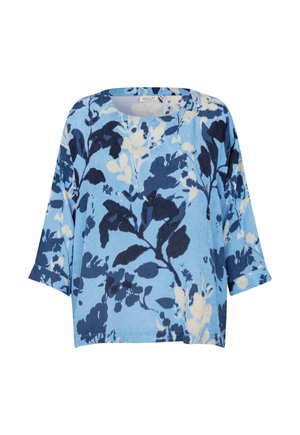 Blau geblümtes Oberteil mit kurzen Ärmeln. Es verfügt über einen strukturierten Stoff, einen runden Ausschnitt und abstrakte weiße und dunkelblaue Blätter.