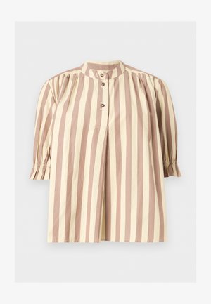 Laza szabású blúz bézs és krém színű függőleges csíkokkal, háromnegyedes ujjakkal, elasztikus mandzsettákkal, valamint háromgombos, magas nyakú gombolattal.