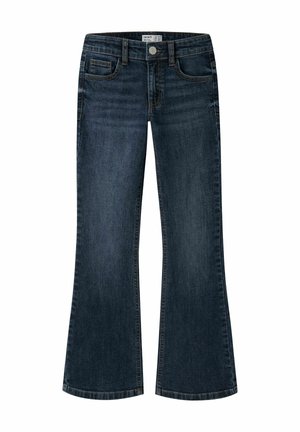 Jeans bootcut bleu foncé avec bouton et fermeture éclair à l'avant, comprenant des poches avant et une poche monnaie, présentés sur fond blanc.