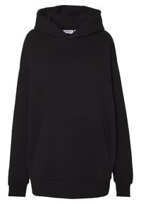 Sudadera con capucha negra, hecha de tela suave, que cuenta con un bolsillo frontal, puños acanalados y un diseño de corte relajado.