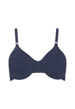 Navy blue bra with smooth, molded cups, adjustable straps, and a simple design. Made of soft material featuring seamless edges.