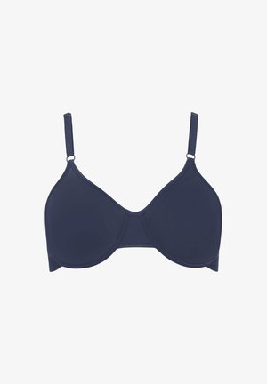 Navy blue bra with smooth, molded cups, adjustable straps, and a simple design. Made of soft material featuring seamless edges.