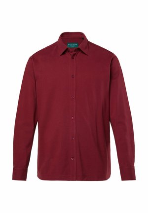 Bordeauxfarbiges Langarmhemd mit Kragen und vorderem Knopfverschluss. Verfügt über Manschetten mit Knopfdetail und eine glatte Materialtextur.