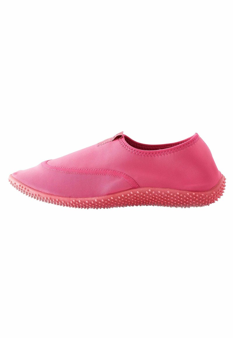 Rosa Slipper aus glatt und flexiblem Material. Verfügt über eine strukturierte Gummisohle mit kleinen Vorsprüngen für Halt. Einfaches, schlankes Design.