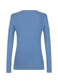 Blå ribbad stickad tröja med långa ärmar, med en bred ringning och strukturerat mönster genom hela tyget.