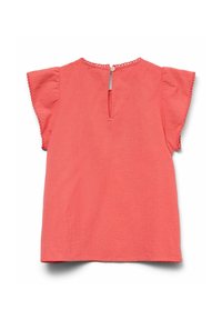 Top corto a maniche corte di colore corallo realizzato in tessuto leggero. Presenta una apertura a chiave sul retro con bottone e un bordo ondulato sulle maniche.