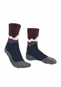 Calze lunghe con fondo blu navy scuro, tacco e punta grigi, e motivo simile a montagne in bianco, rosso e blu vicino al bordo.