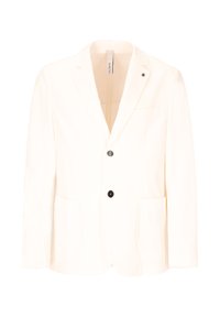 Blazer bianco da uomo con rever a punta, due bottoni neri, due tasche frontali e una tasca sul petto, etichettato "DISTRETTO" all'interno del colletto.