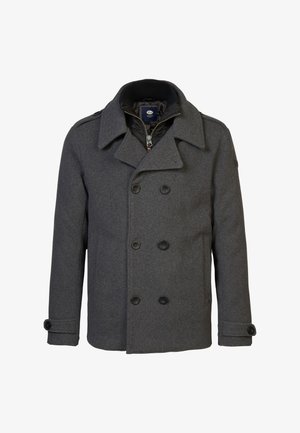 Peacoat in misto lana grigia con chiusura doppiopetto, bottoni neri, ampio colletto e foderato internamente in tessuto trapuntato per un comfort maggiore.