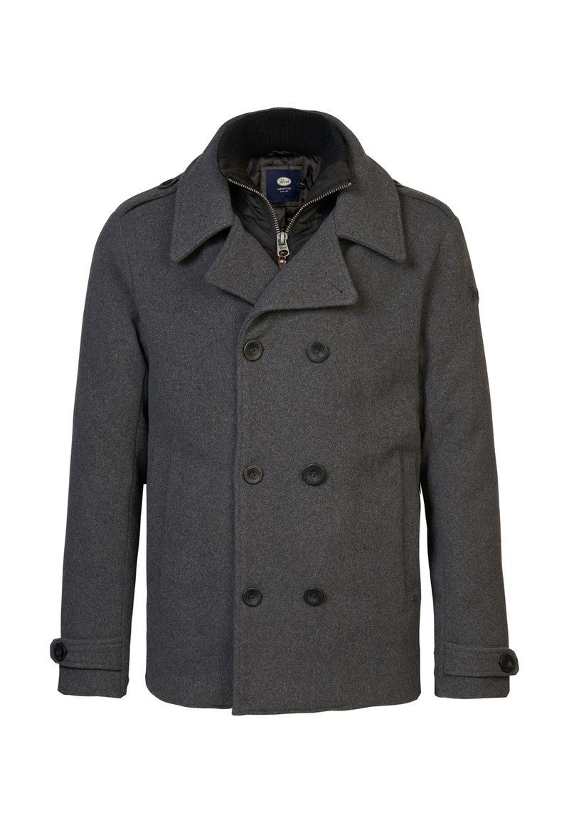 Grijze wolmix peacoat met een dubbelknopsgemonteerde voorkant, zwarte knopen, brede kraag en gewatteerde voering voor extra warmte.