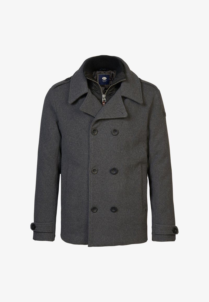 Grijze wolmix peacoat met een dubbelknopsgemonteerde voorkant, zwarte knopen, brede kraag en gewatteerde voering voor extra warmte.