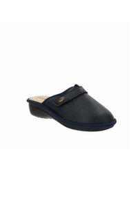 Scarpa nera slip-on con punta arrotondata, tomaia testurizzata, suola blu navale a contrasto e una piccola fibbia decorativa sul lato.