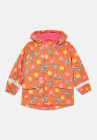 Orange wasserdichte Jacke mit einem floralen Muster in Rosa, Gelb und Blau, ausgestattet mit einer Kapuze, elastischen Bündchen und zwei Fronttaschen.