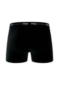 Boxer shorts noirs avec une taille élastique, arborant la marque blanche "FRGN". Matière lisse et extensible, design ajusté, sans motifs supplémentaires.