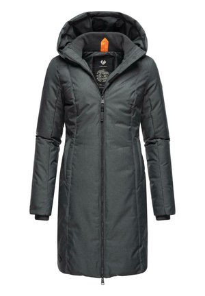 Dark gray padded coat with a zip closure, detachable hood, and side pockets. Features orange accent in the hood lining and logo detail on hem.