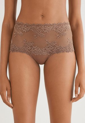 Lace boyshorts in a soft taupe color, featuring floral patterns along the waist and sheer mesh fabric throughout, offering a delicate design.