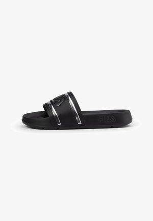 Chinelo de borracha preto com uma tira larga apresentando detalhes em prata. Superfície texturizada e palmilha moldada para conforto. Logotipo na lateral.