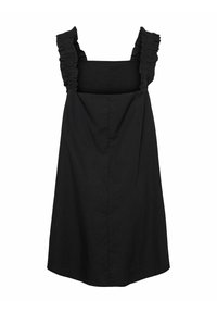 Svart klänning i lätt tyg med volangiga axelremmar, fyrkantig halsringning och knälång, avslappnad passform.