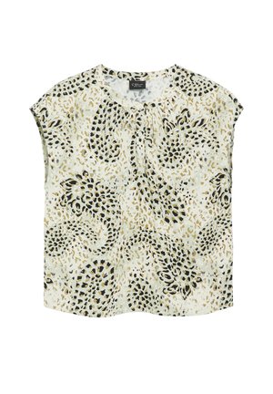 Blouse à manches courtes avec imprimé léopard abstrait beige, noir et blanc et petits plis sous l'encolure ronde.